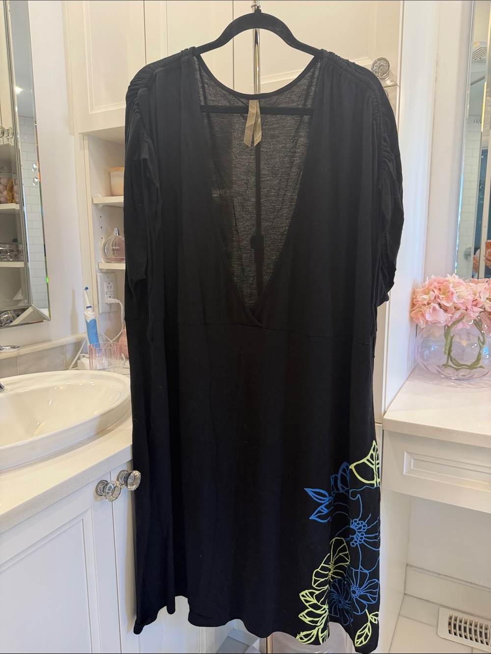 Black Women's V-Neck Swim Coverup Tunic with Floral Hem
